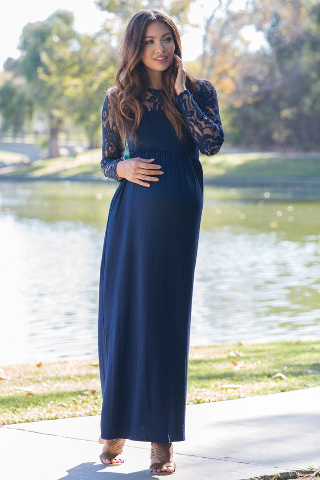 Navy Blue Lace Sleeve Maternity Maxi ...